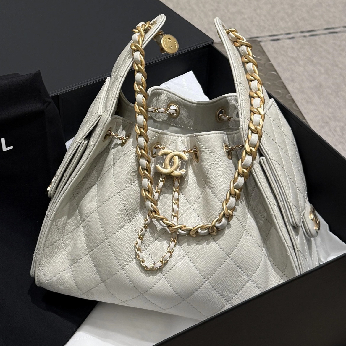 未使用 Chanel/香奈儿 25a 浅灰色荔枝牛皮25bag小号 单肩包