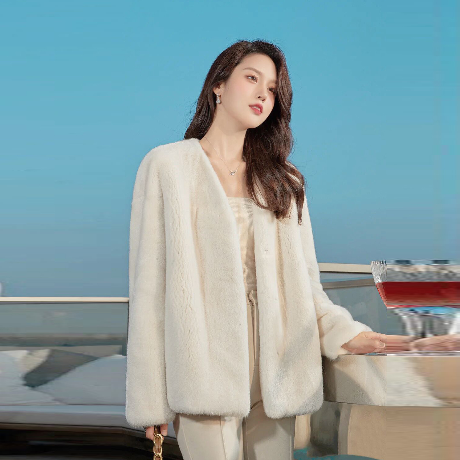 【66CM长】进口紫金短二天鹅绒貂皮大衣女皮草整貂v领时尚短款秋冬