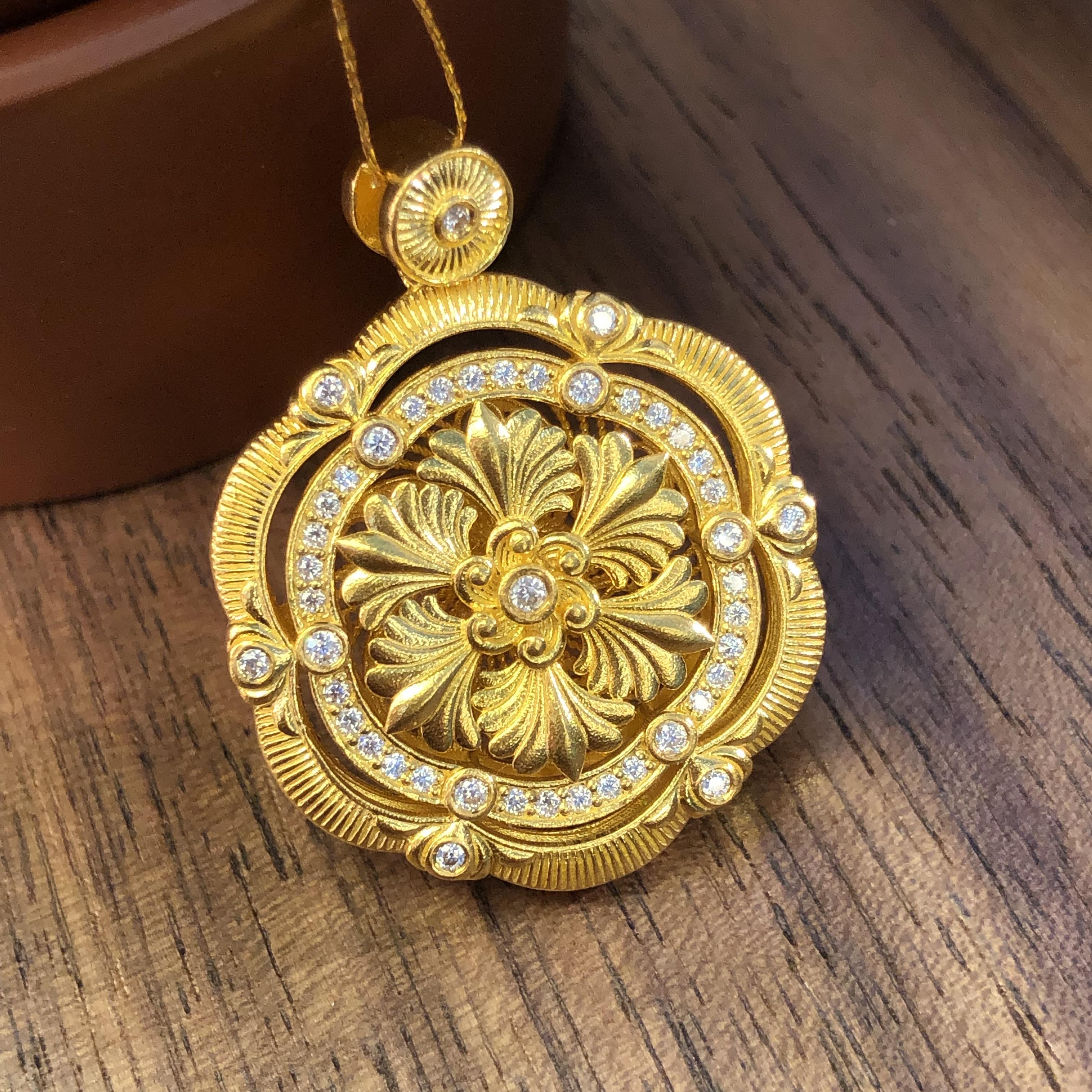 黄金足金999古法点钻镶嵌复古拉丝花开富贵圆牌吊坠