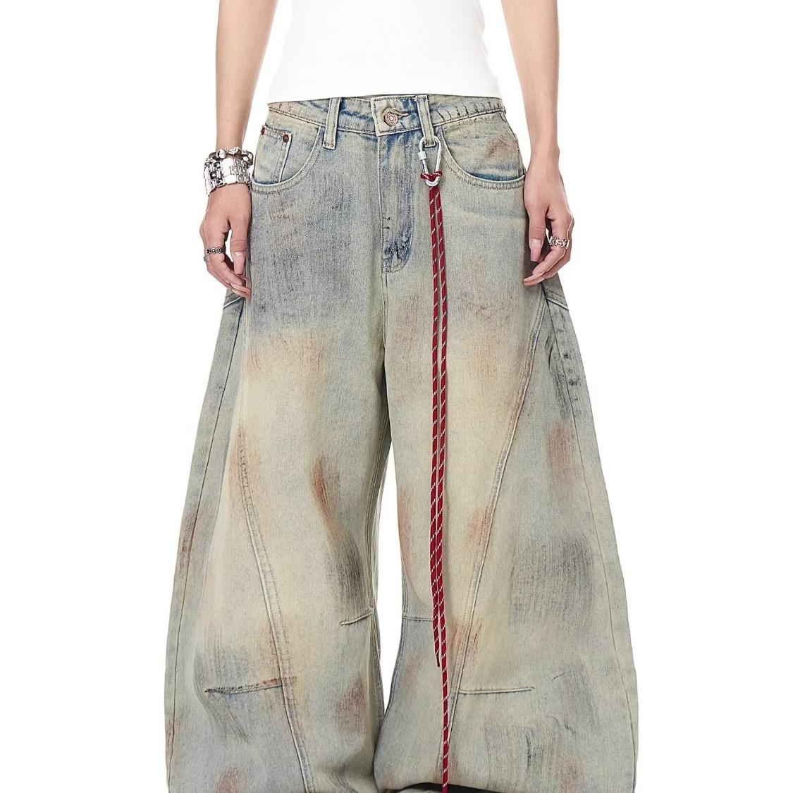 小众复古废土风泥染做脏弯刀牛仔裤男女美式嘻哈宽松阔腿裤