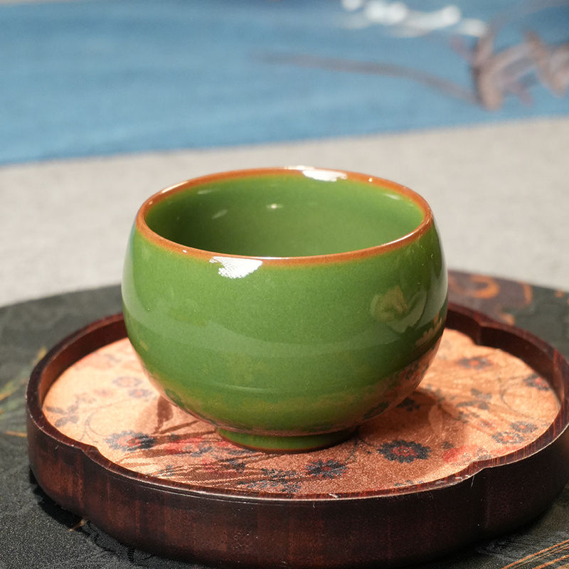 官窑陶瓷茶具庄老师手作原矿泥料铁胎郎绿罗汉杯