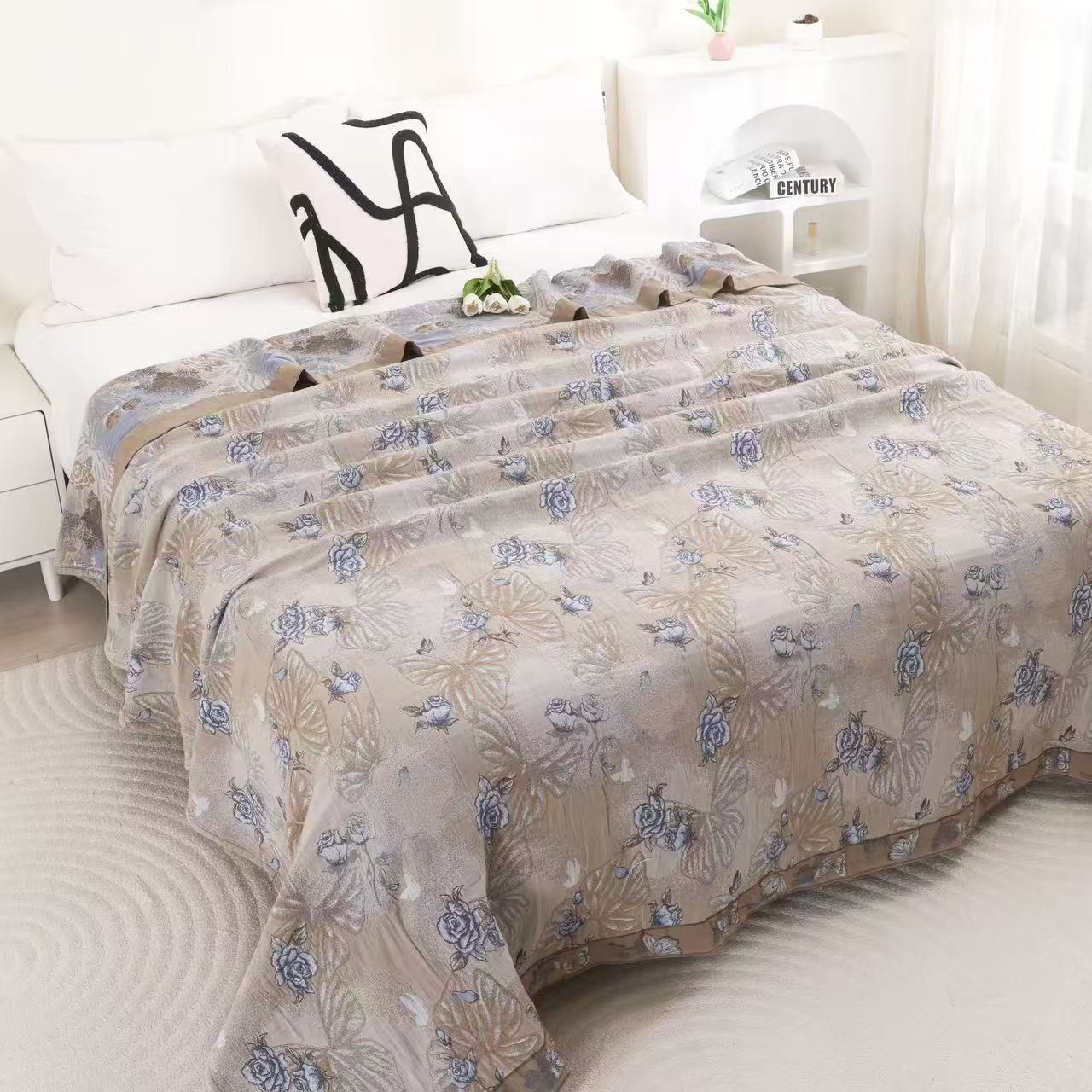 M【金蝶花语】220*240cm精梳棉罗布麻亲肤透气多功能家用床盖可机洗