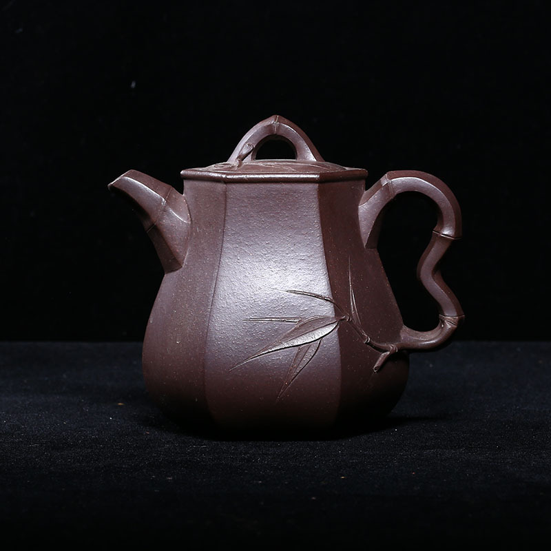 宜兴紫砂老壶早期一厂李碧芳制天青泥9孔400c全手工六方竹节壶