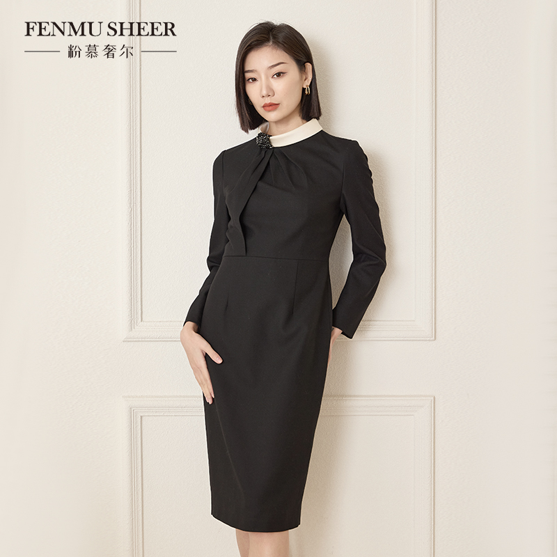 【CICI专属】粉慕奢尔『东方女神』绵羊毛经典黑白拼色连衣裙-D1735