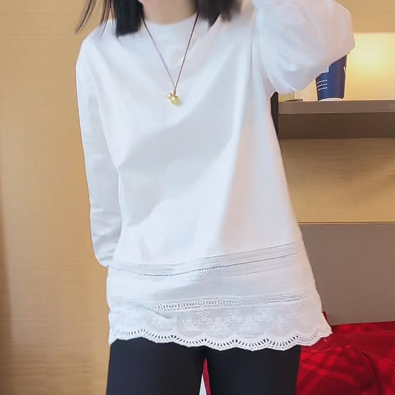 设计感拼接蕾丝边白色长袖t恤女2025春季款韩系宽松中长款打底衫