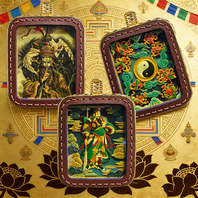 【七弟手绘擦擦白鹤童子】双面手绘武财神关羽唐卡吊坠彩绘立体唐卡