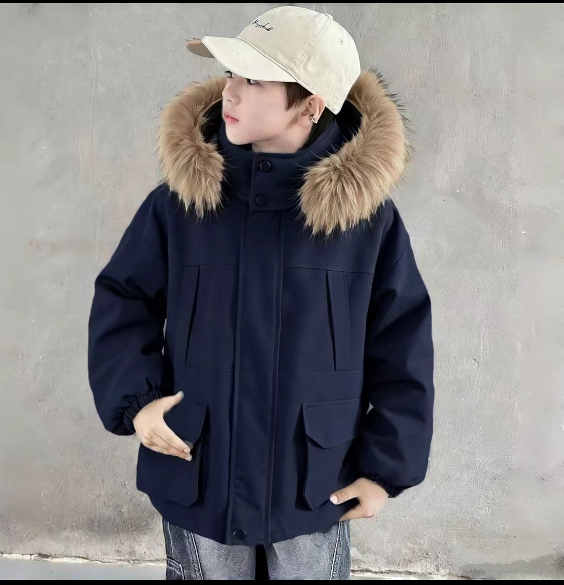 男童冬季可拆卸毛领派克服中大儿童加厚保暖连帽棉外套