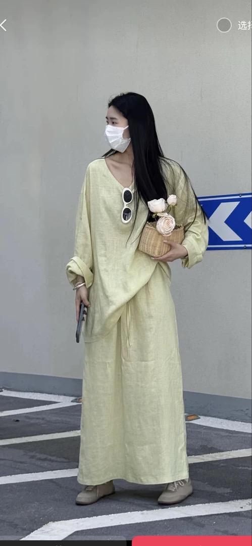 时光之匣～韩版v领苎麻宽松长袖t恤薄款休闲开衩长裙两件套装