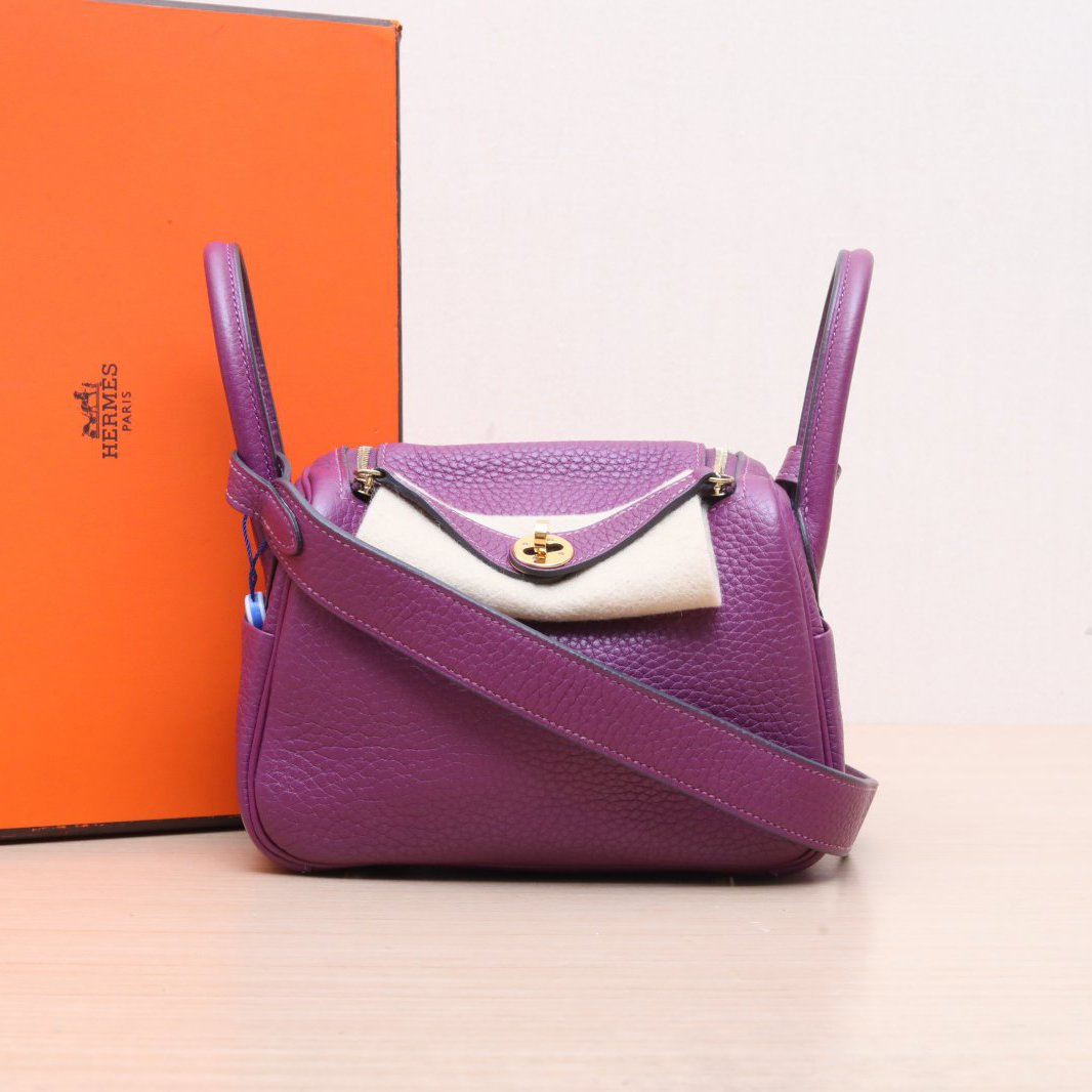 95新 Hermes/爱马仕 小花姑姑843145 海葵紫 TC皮 Z刻 Lindy mini