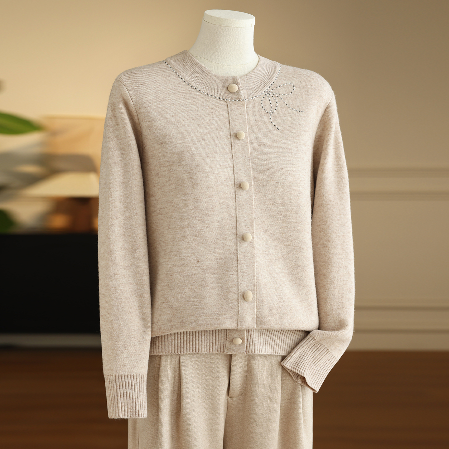 一体绒针织衫女士圆领烫钻加绒加厚套头毛衣百搭显瘦保暖打底上衣