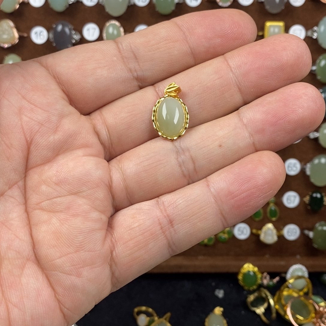 和田玉（青白玉）戒指银S925镀金镶嵌