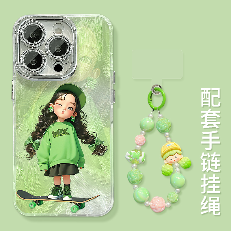 滑板女孩适用苹果15vivo华为oppo小米iPhone14精孔羽纱支架手机壳