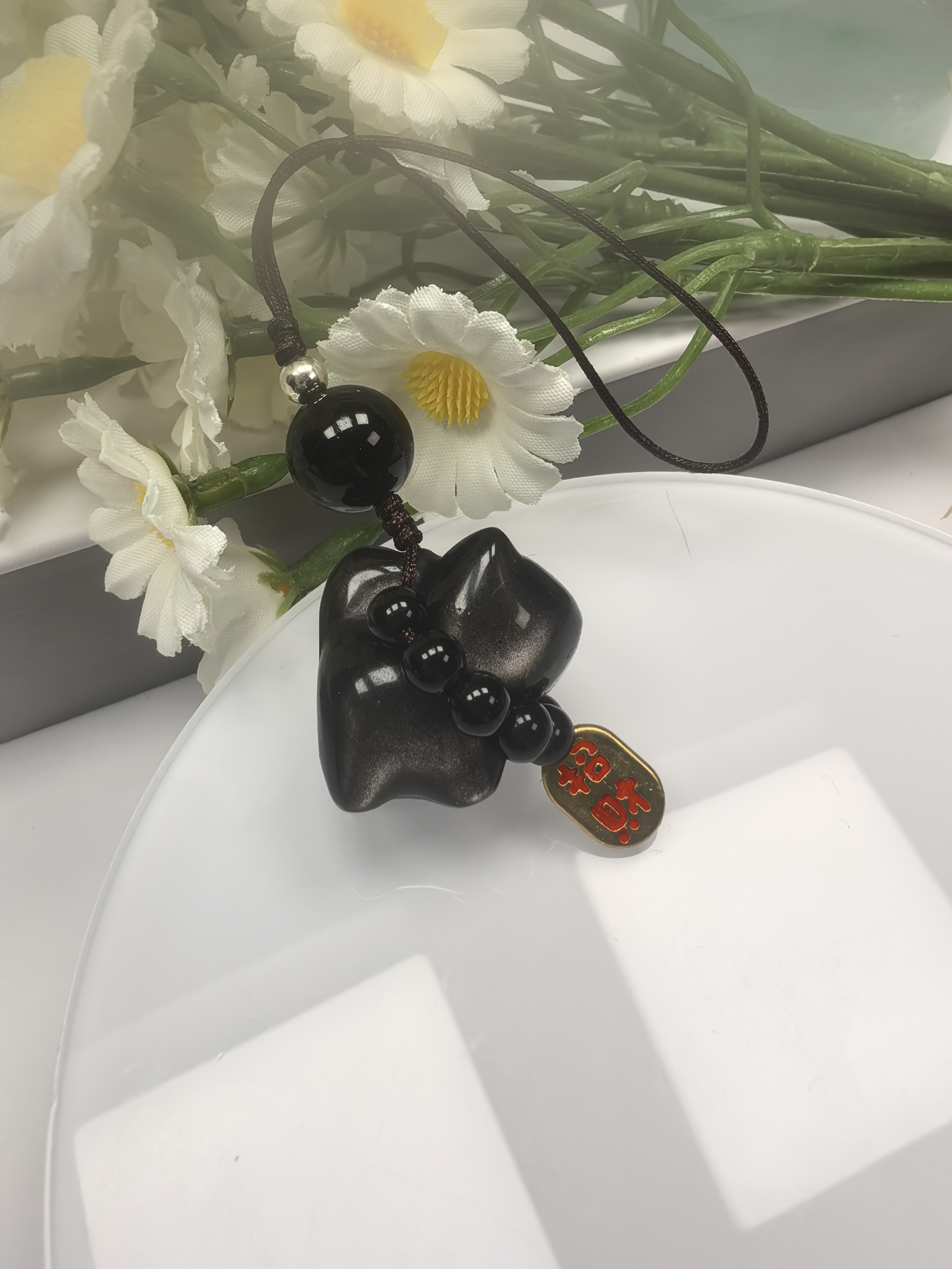 天然黑曜石手机挂