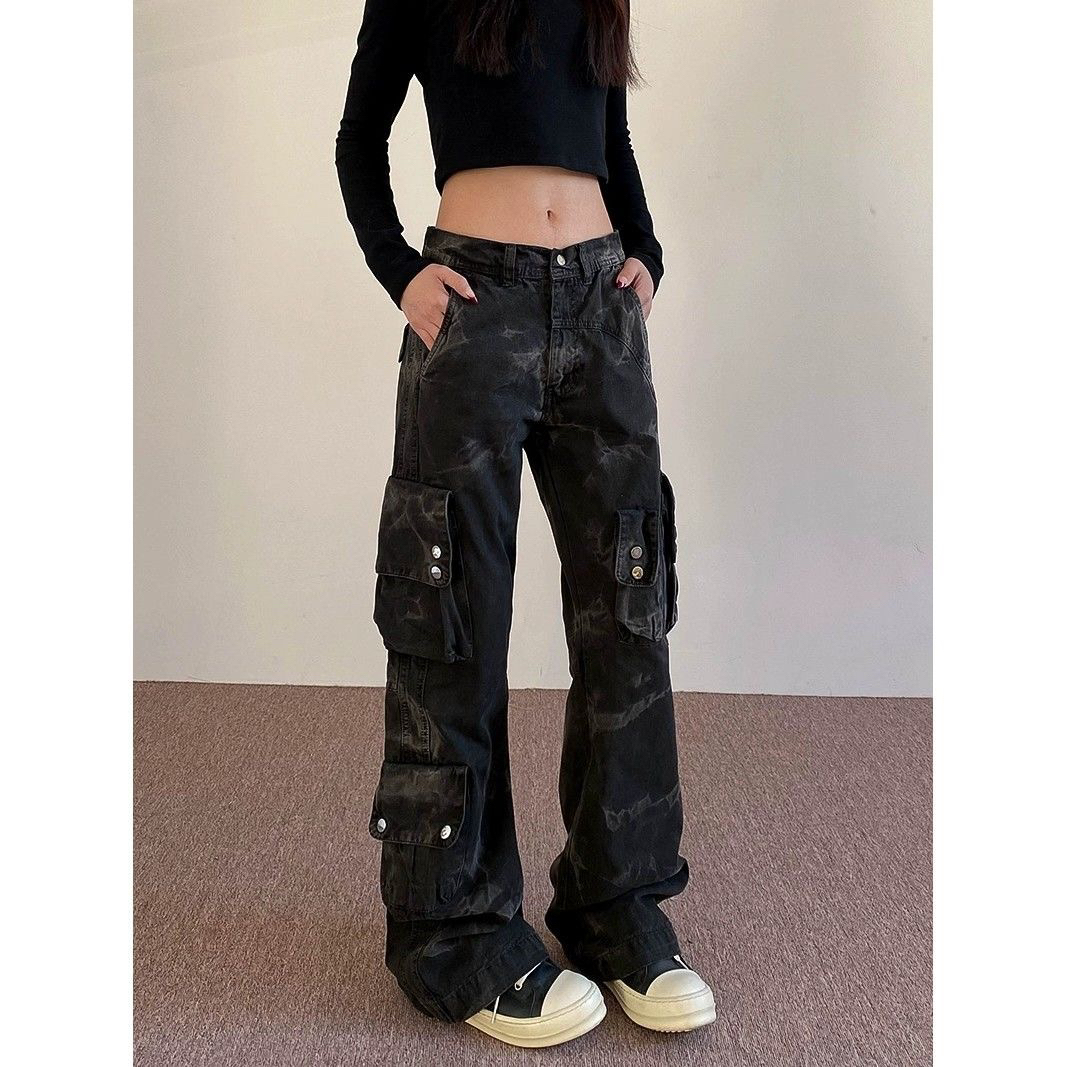 美式复古水洗多口袋工装裤男女cleanfit高街微喇叭长裤子潮