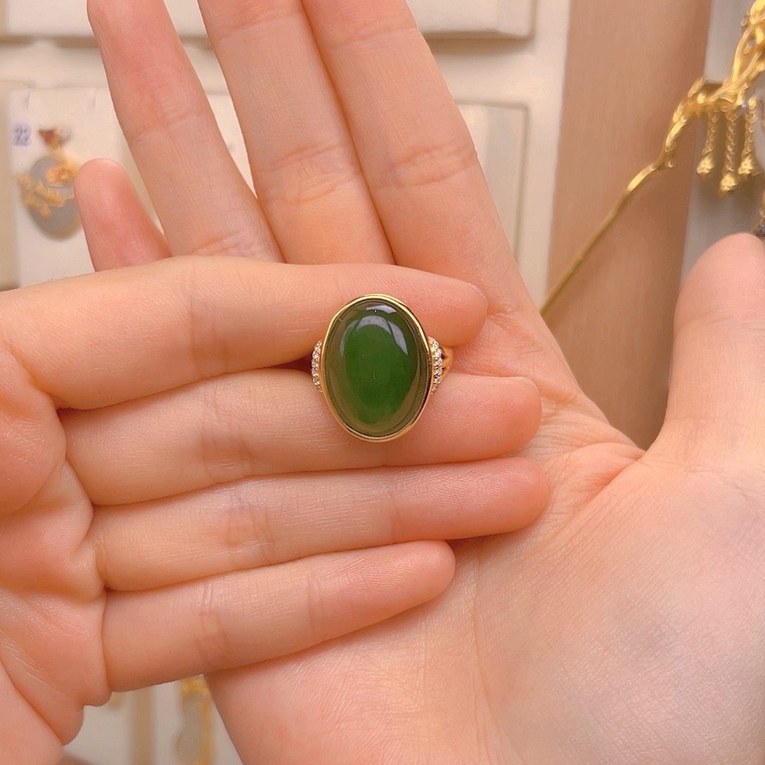 和田玉戒指银S925镀金镶嵌