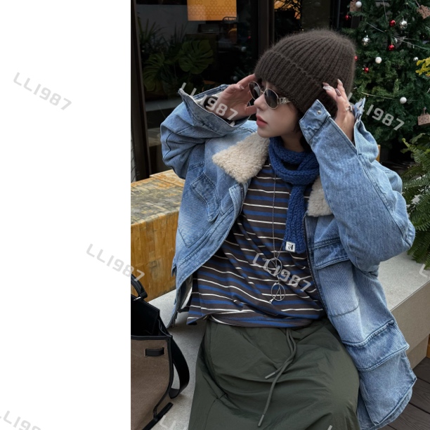 HY罗罗【渐变白鸭绒】冬季韩版羊羔绒领韩系百搭牛仔羽绒外套L347