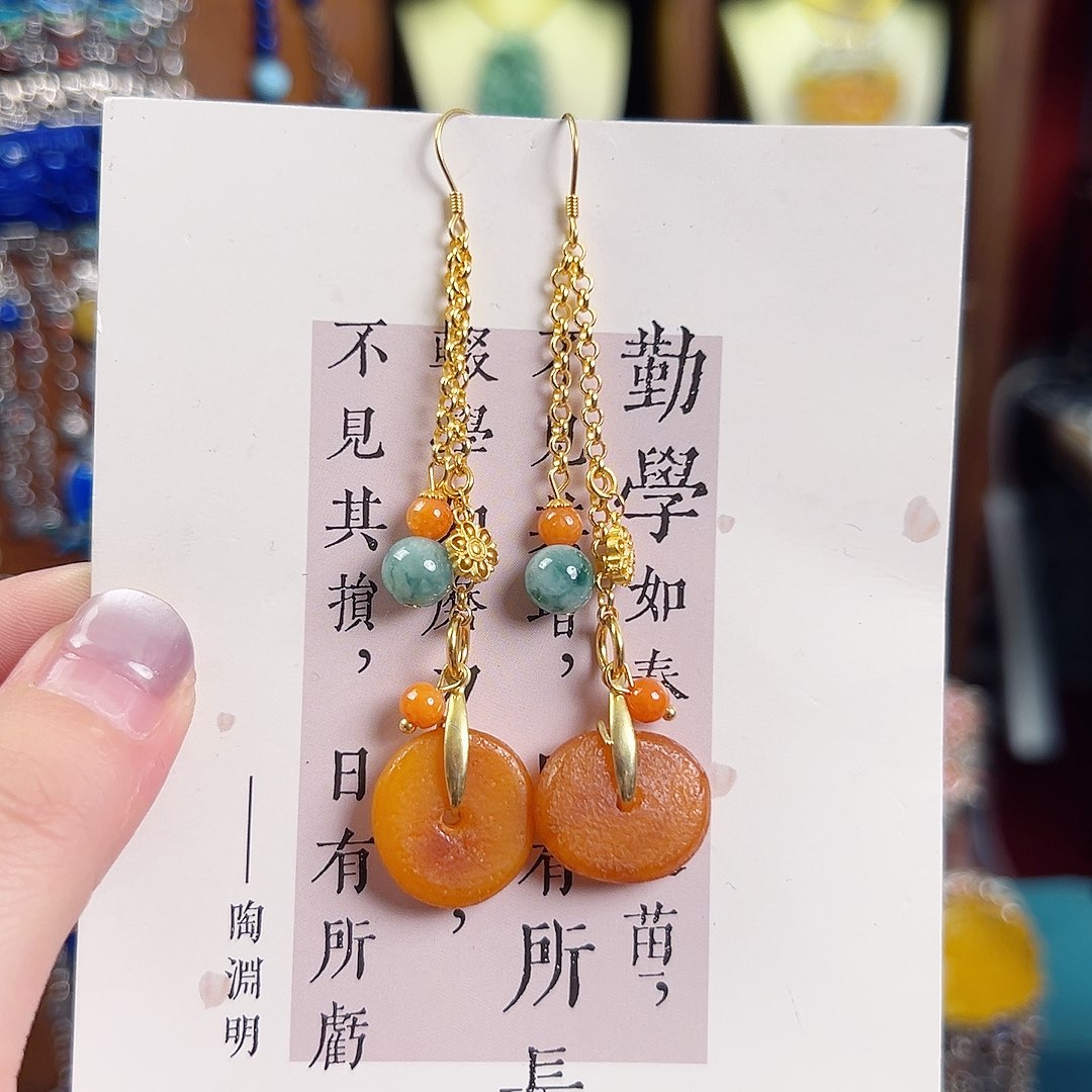 琥珀银S925镶嵌挂件耳环