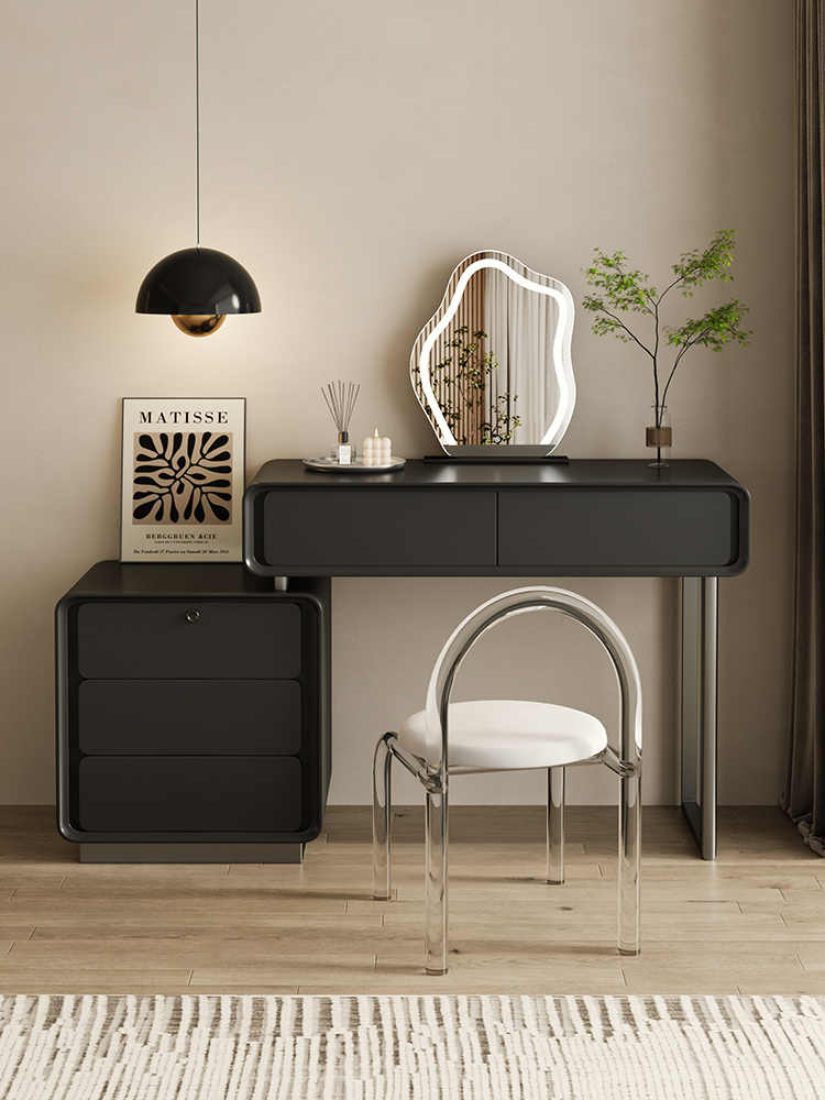 黑色复古梳妆台现代斗柜一体卧室轻奢高级感指纹锁化妆桌