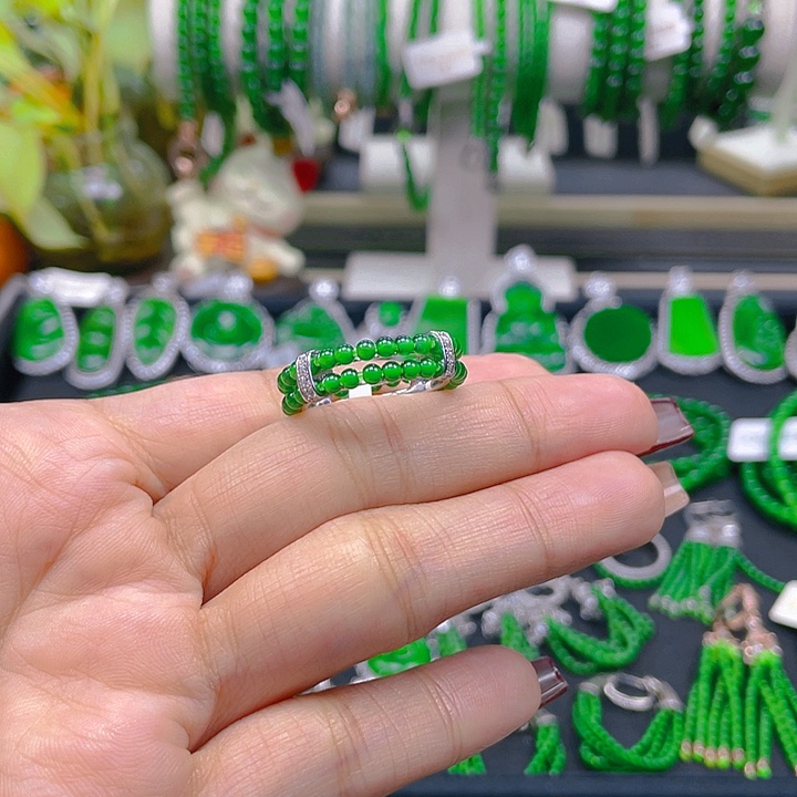 翡翠戒指银S925镶嵌金***?圆珠戒圈2.5