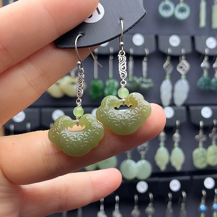 和田玉耳饰银S925镶嵌