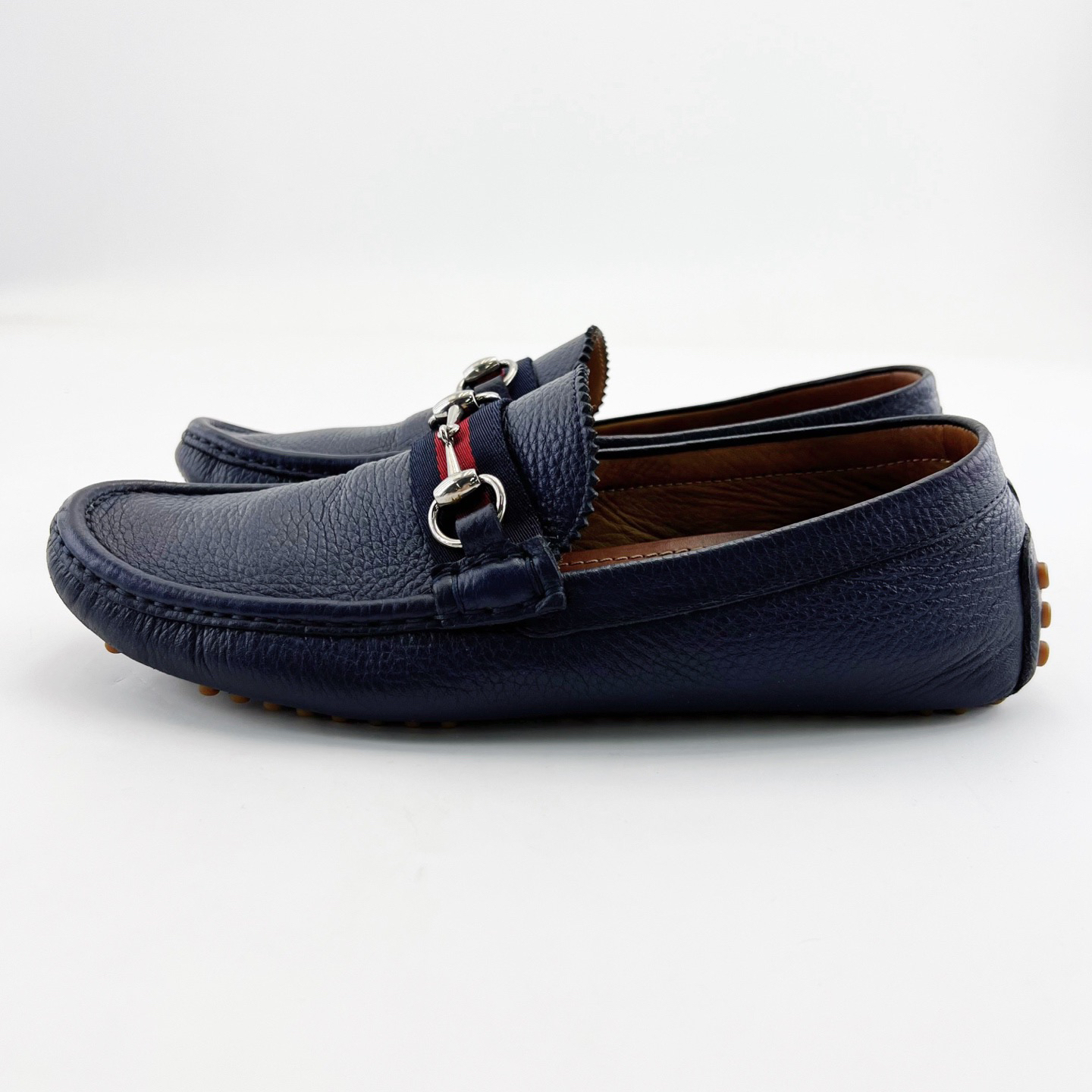 95新 GUCCI/古驰 41码/蓝色马衔扣条纹织带的l乐福鞋/15975600