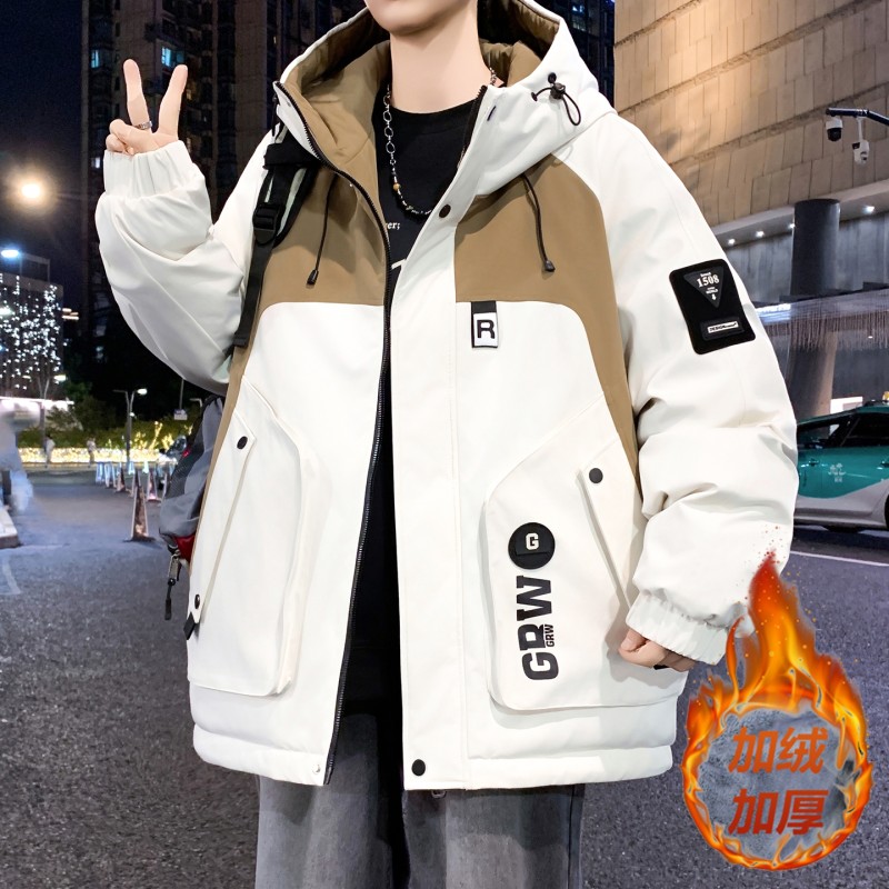 冬季加绒加厚夹克外套青少年学生男装连帽上衣帅气潮流宽松休闲
