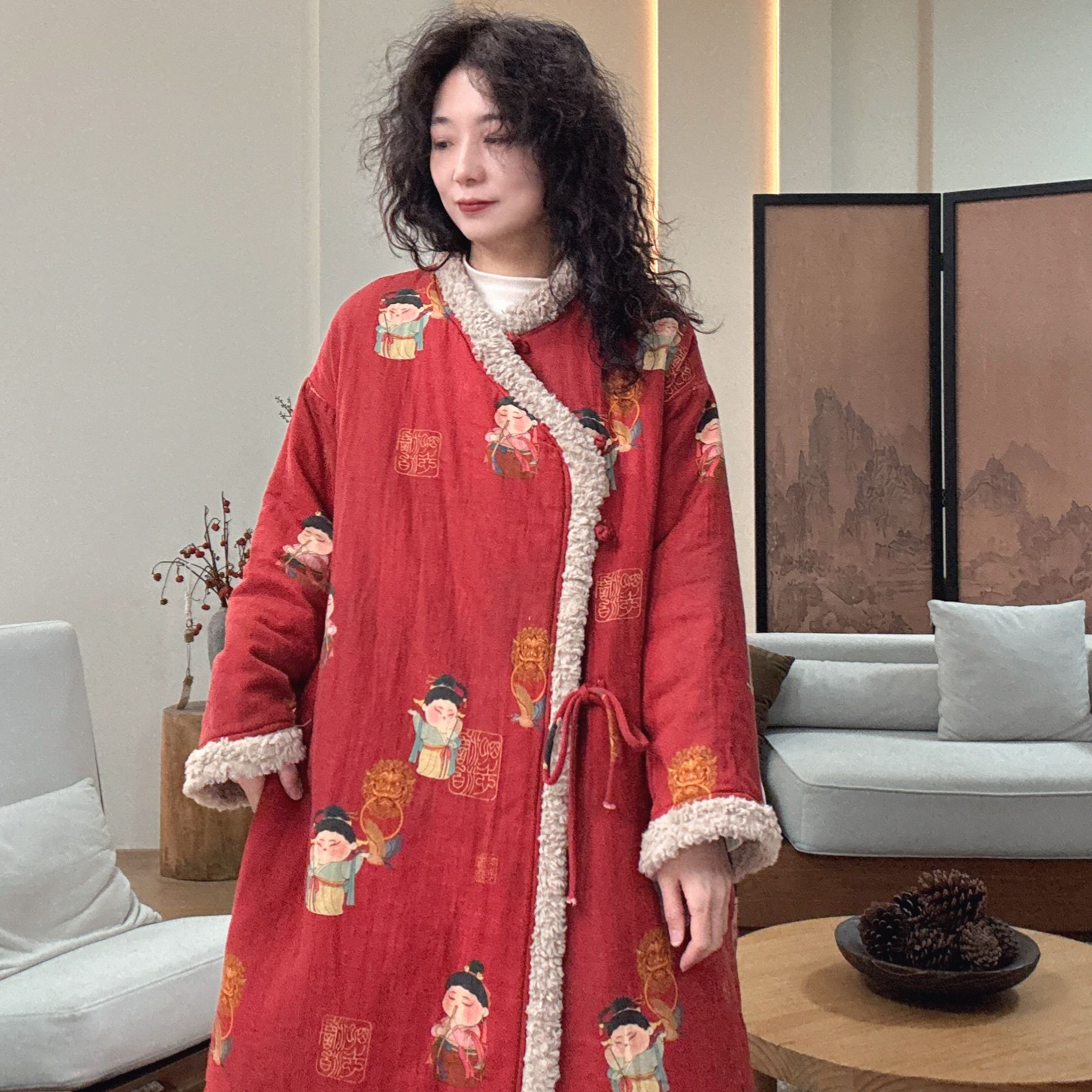 冬季中长款中国风宽松型印花绒毛领棉衣女士棉服复古加厚长袖9652