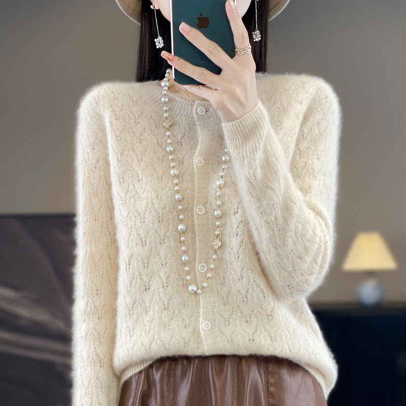 上身太惊艳啦！100%纯羊毛衫提花镂空开衫宽松百搭纯色外套女