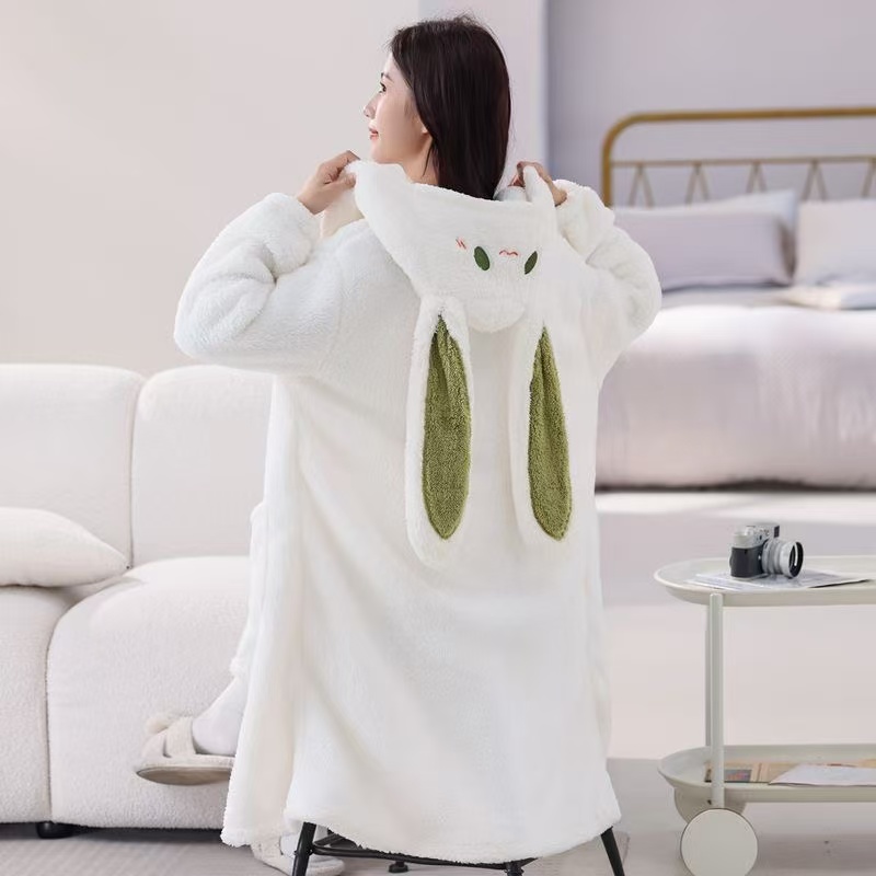 连帽睡袍女秋冬睡衣珊瑚绒浴袍长款可爱小兔子家居服