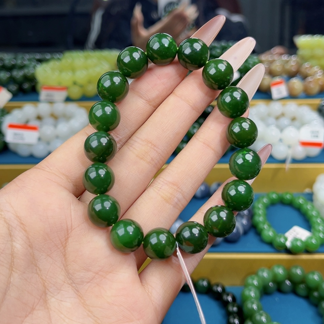 和田玉未镶嵌手链天然和田玉俄碧菠菜绿手串12