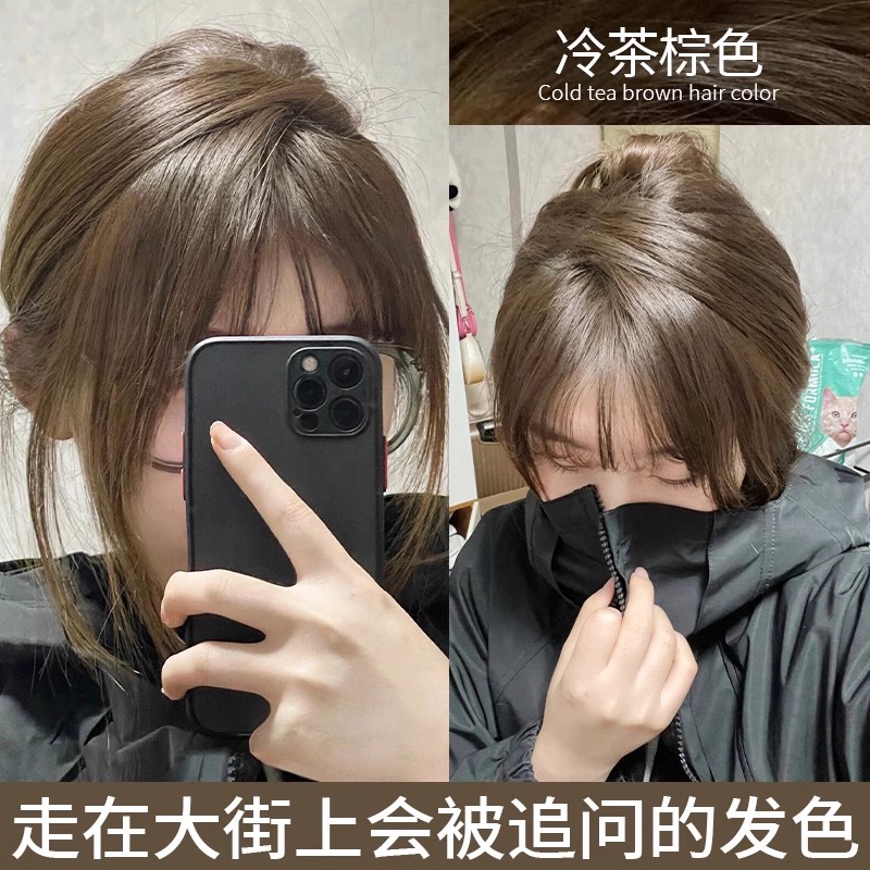 冷黑茶亚麻棕色染发剂自己在家染发2024流行色泡泡植物纯染发膏女
