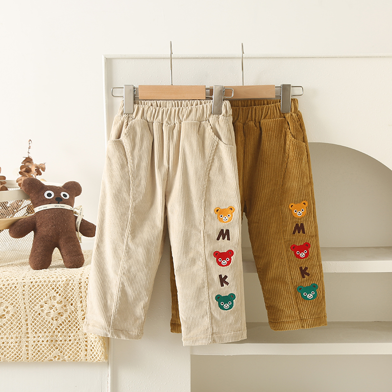 miki加绒休闲裤秋男女童外穿长裤潮宝宝卡通刺绣裤子773