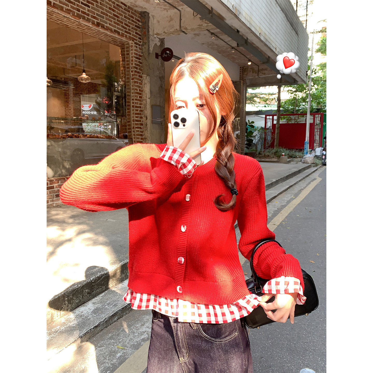 曾小咸 韩系过年红色假两件针织开衫小个子毛衣外套ZA54MZC0822