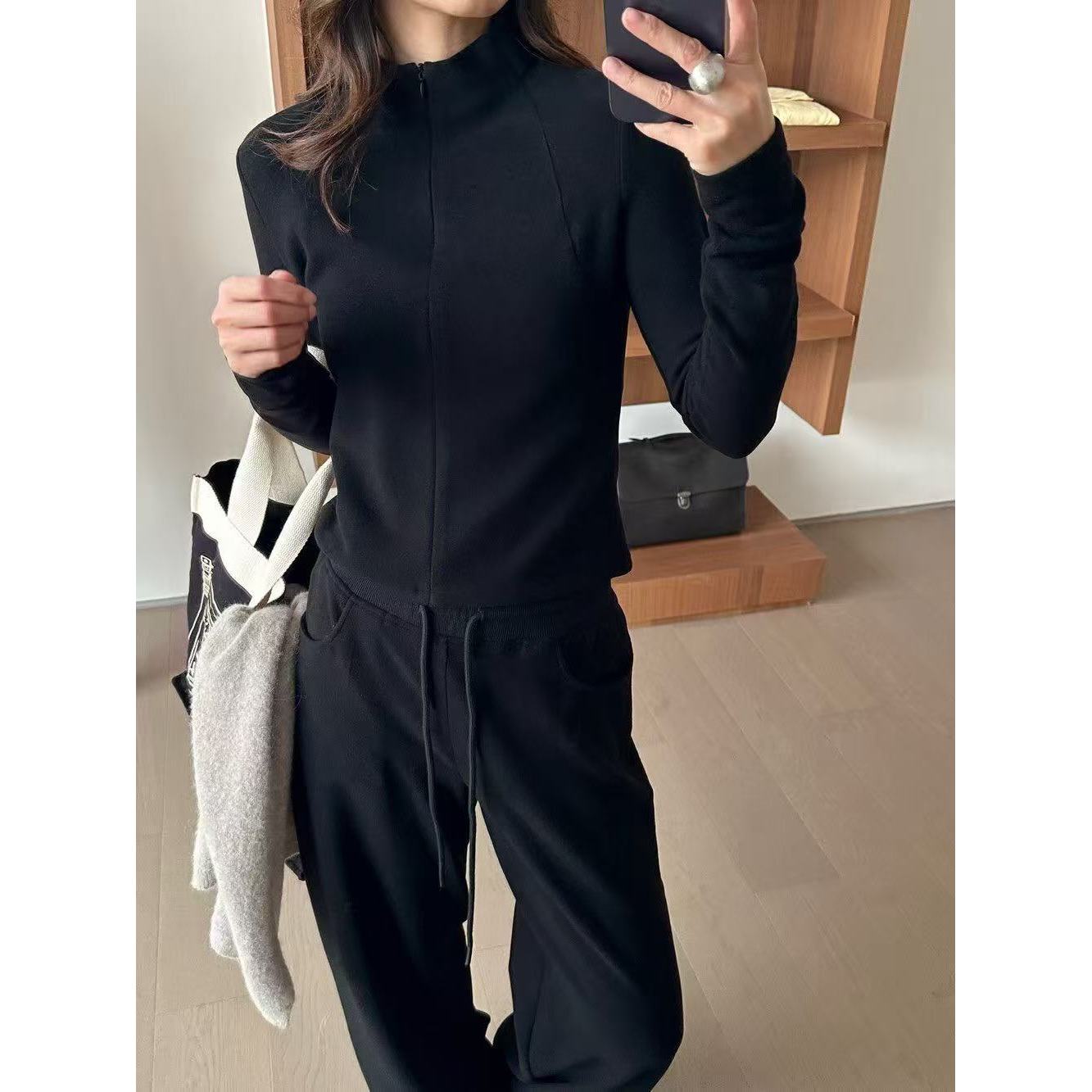 孤品-纯色含3%羊毛立领小外套裤子两件套休闲套装