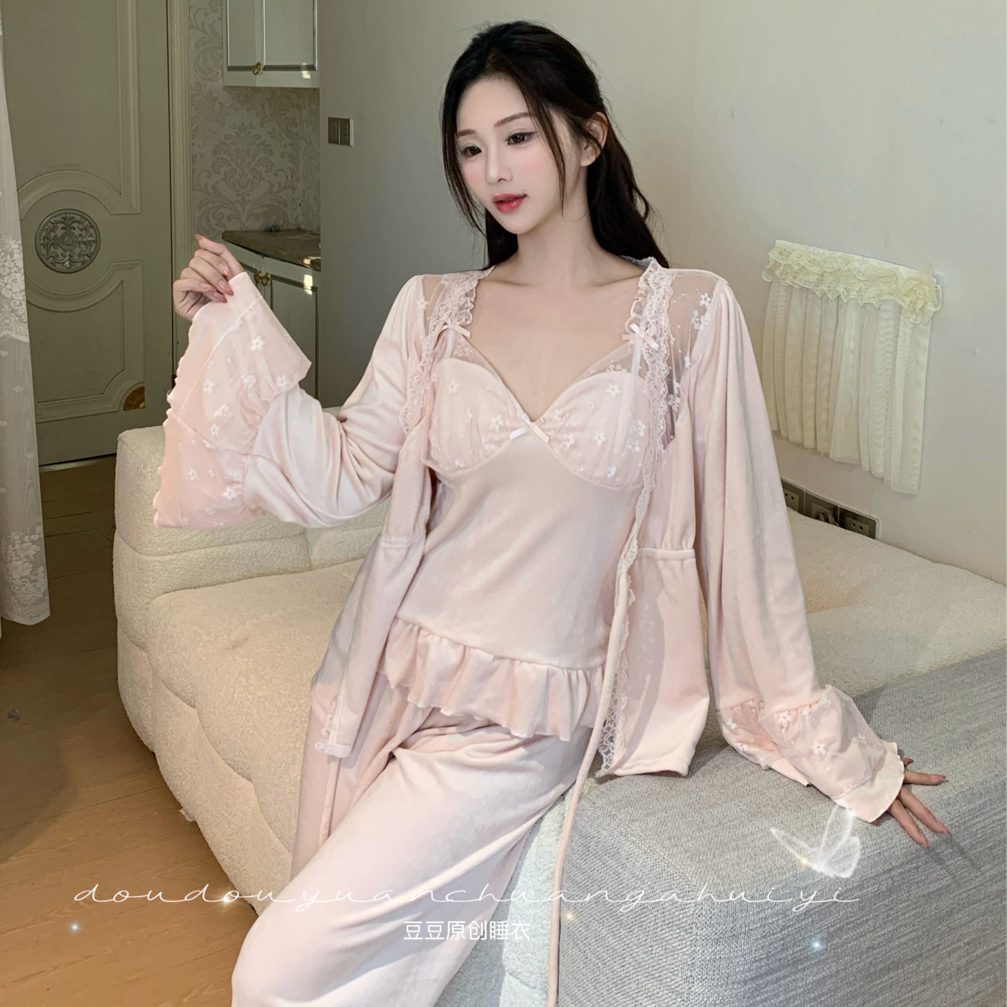 西米【莫奈花园】秋冬长袖长裤睡衣家居服加绒带胸垫外穿三件套女