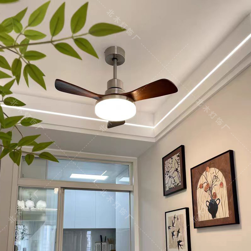 实木风扇灯LED餐厅吊扇灯新中式复古原木胡桃木色客厅卧室风扇灯