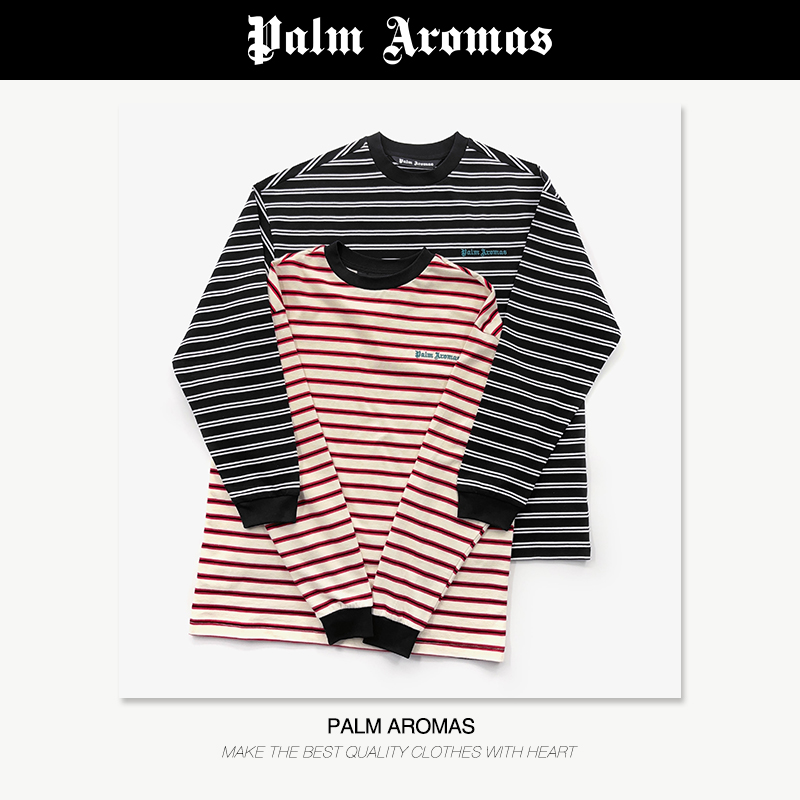 【PA】小领口【条纹】3色间纯棉长袖刺绣T恤基础简约宽松版型设计款