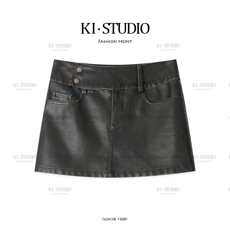 新款时尚复古百搭气质显瘦A字皮裙女防走光半身短裙KI-11T00036