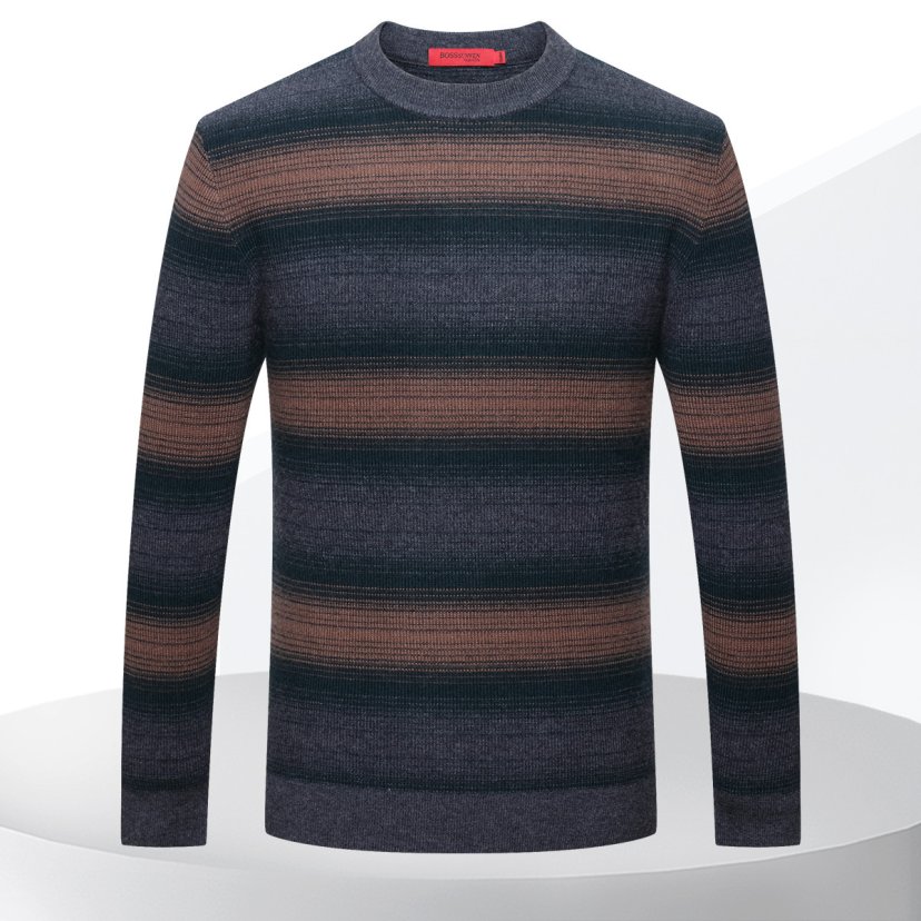 100%绵羊毛通勤百搭撞色提花男式长袖圆领羊毛衫BM325A165