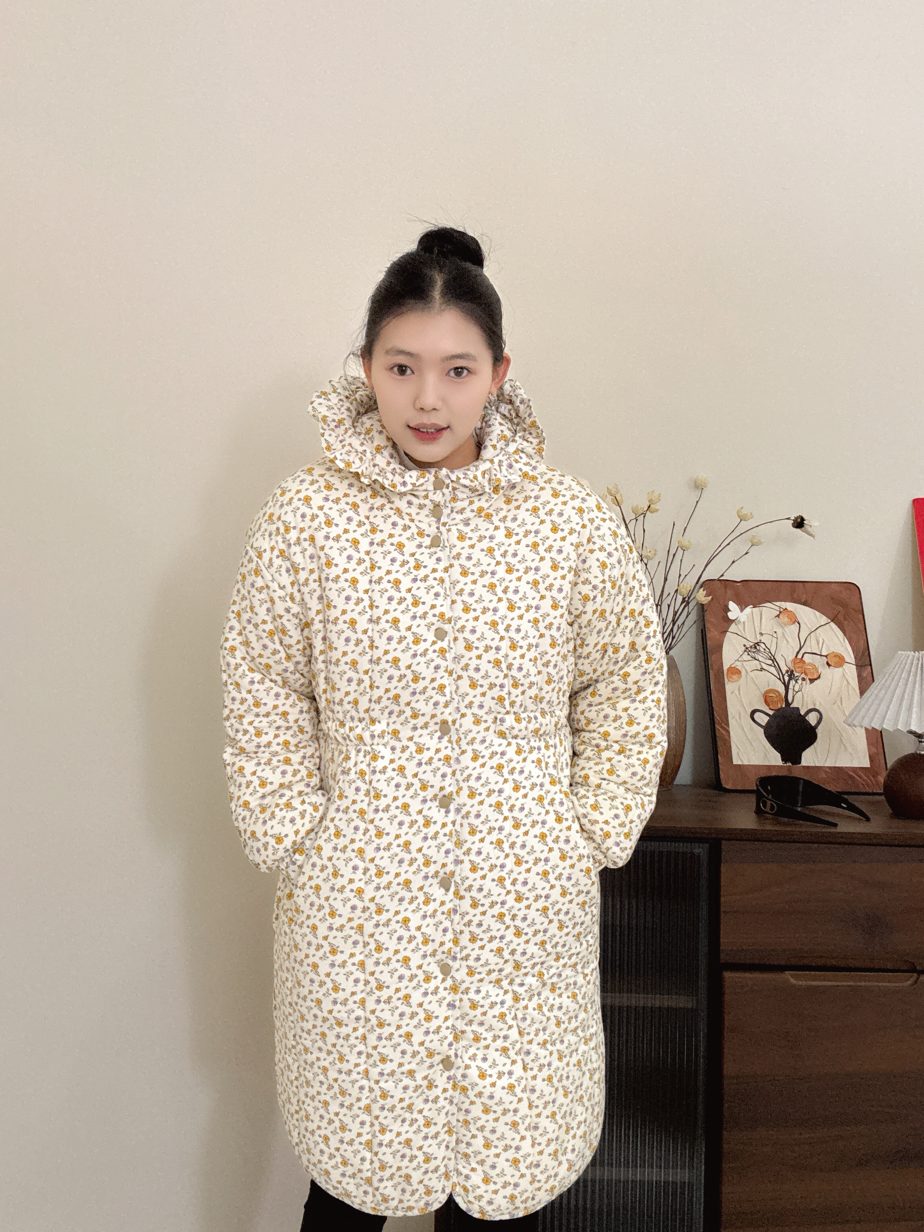 300g新疆棉【黄色小碎花】收腰带帽中长款宽松显瘦家居服棉衣