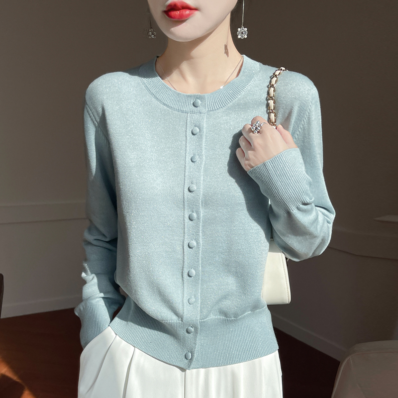 开春必备~细闪亮丝羊毛圆领针织开衫外套