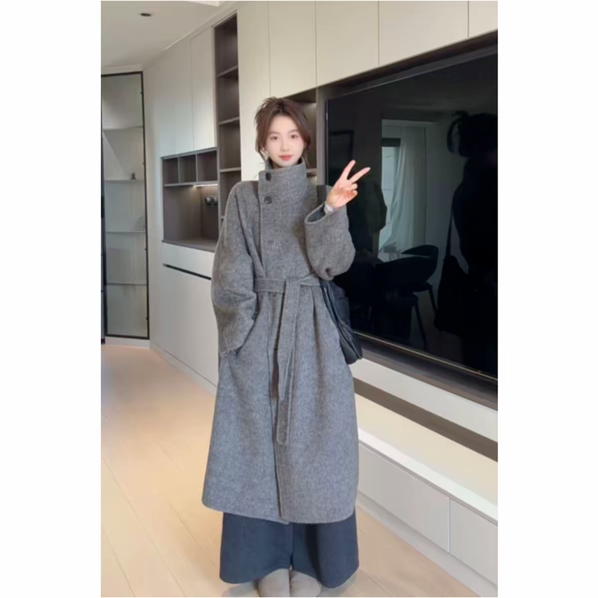 秋冬女厚款纯色呢子长款羊毛毛呢外套翻领时尚百搭9987