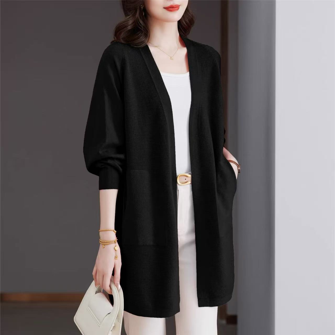 【嘉一定制】韩版时尚洋气气质休闲高级哑光黑中长款长袖开衫400