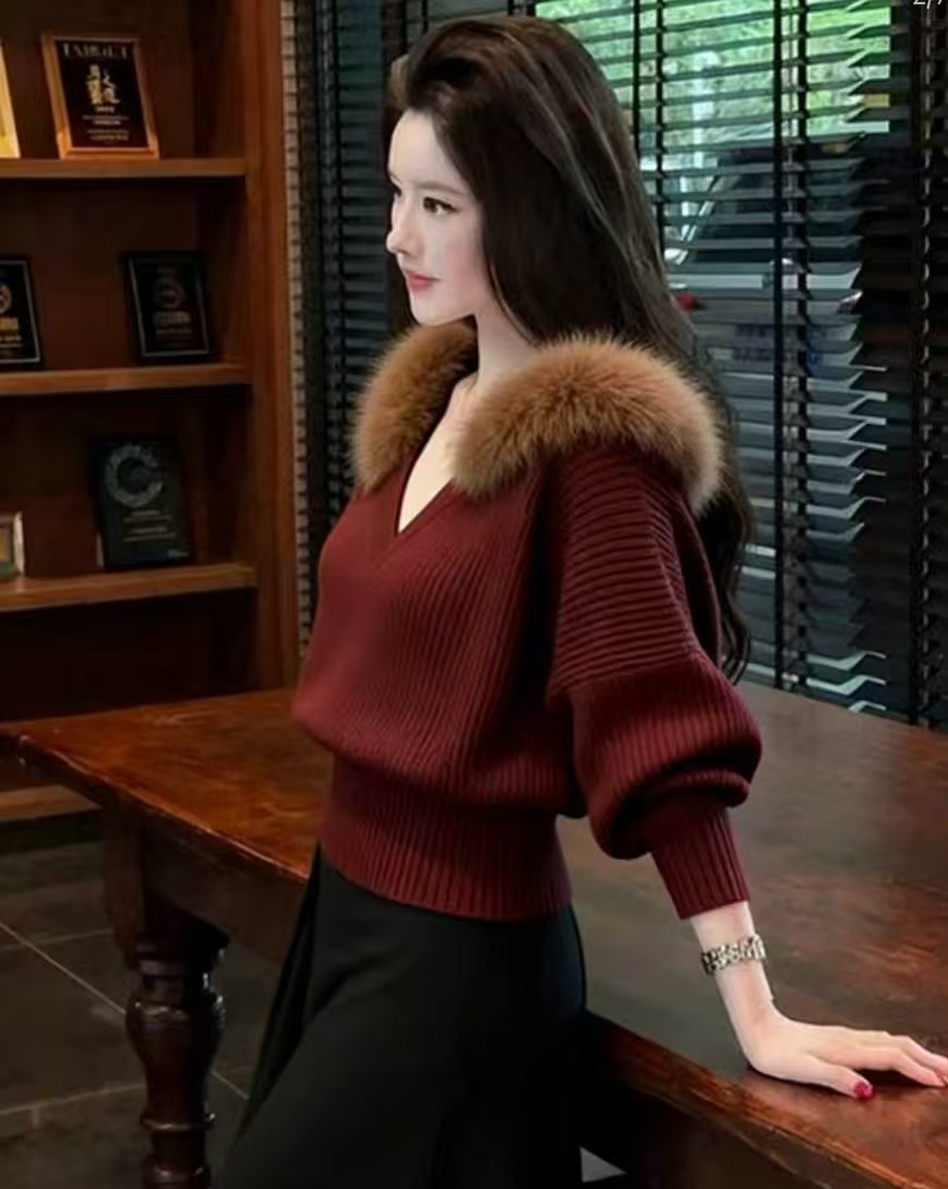 可拆毛领针织衫高领时尚秋冬毛针织衫V领连帽针织