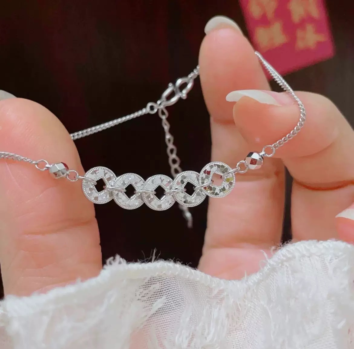 925银手链 纯银碎碎冰五帝币女手链爆闪精致百搭手饰