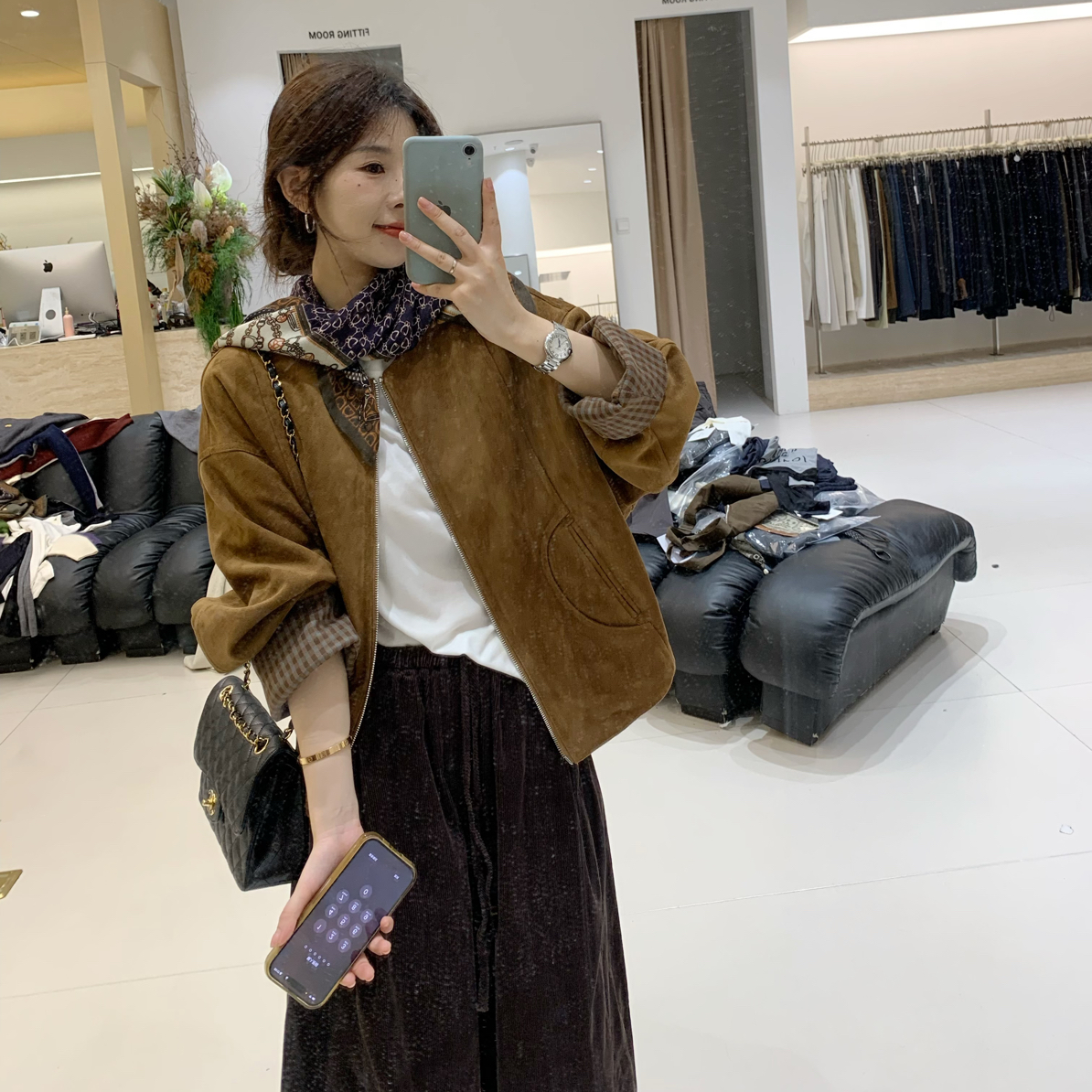 椿·予静【丝巾外套】格纹设计外套