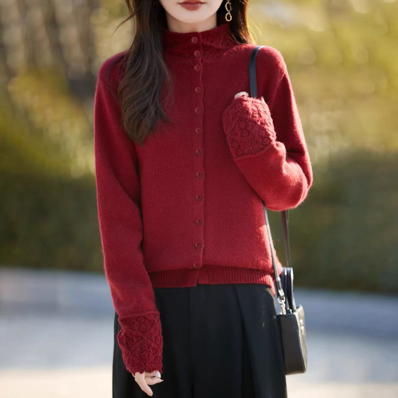 手工钩花半高领时尚开衫韩系优雅秋冬季百搭