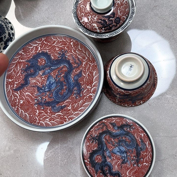 瓷片釉里红海水龙4件套景德镇