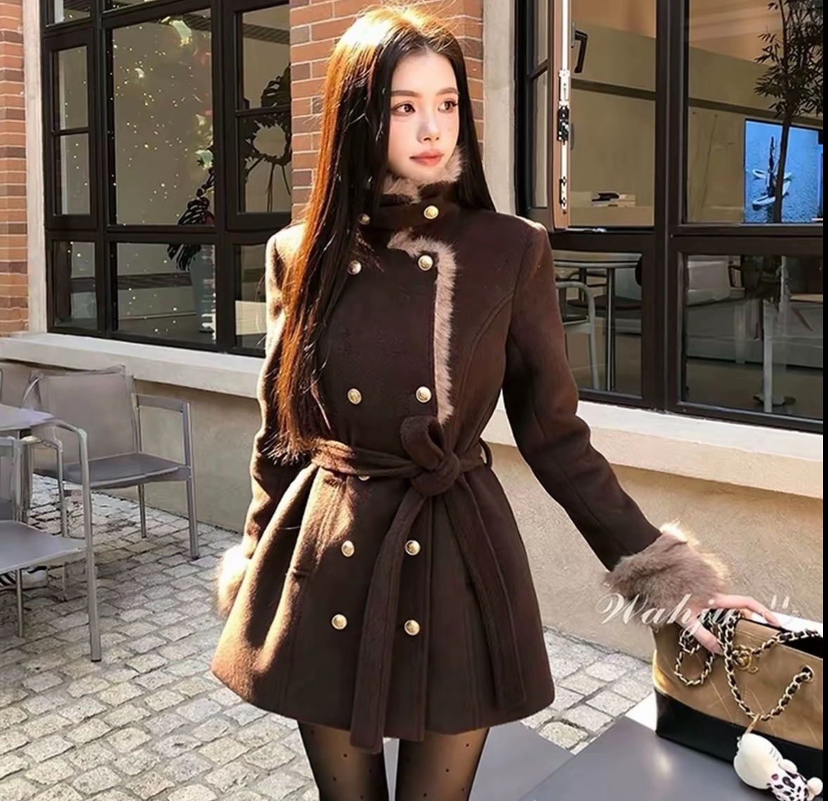 复古千金氛围感系带毛毛翻领双排扣羊毛外套秋冬女装2026新款爆款