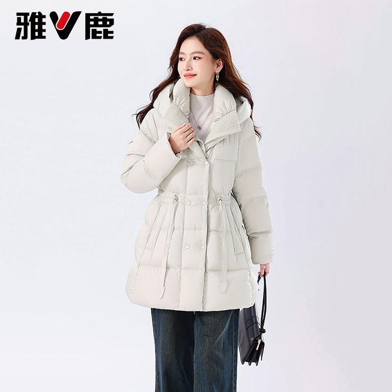 雅鹿高端连帽收腰羽绒服女中长款2025冬季新款白鸭绒加厚保暖外套